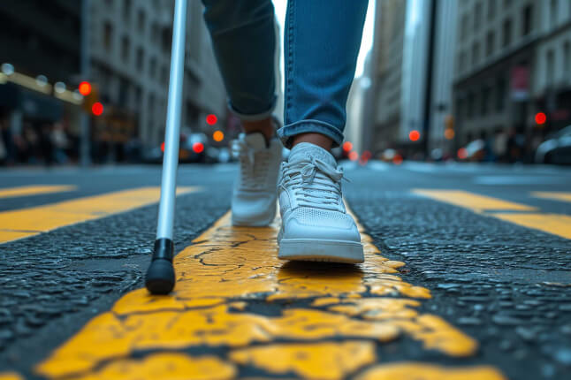 person walking with mobility cane on a city street