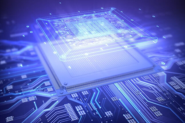  Illustration of a computer chip with glowing circuit lines and a transparent digital overlay representing data and processing.