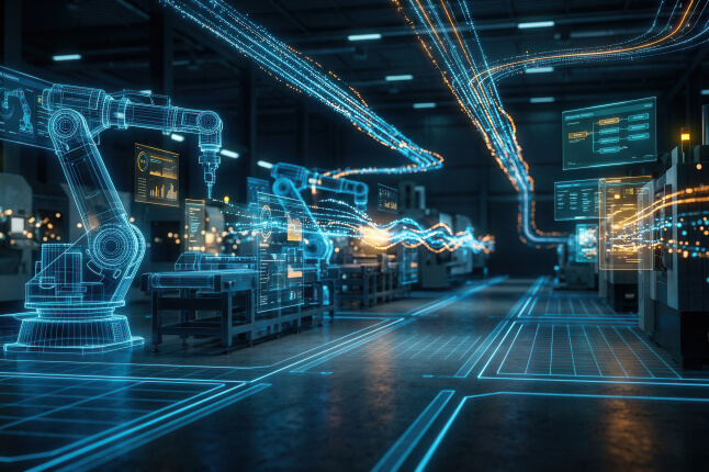 artistic depiction of a futuristic robotic factory floor