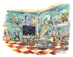 An illustration of the Aiken Computer Science lab at Harvard