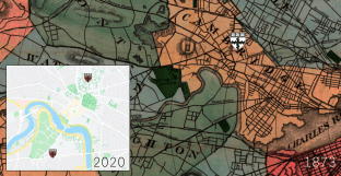 A modern map of the Allston/Camridge area imposed on a historical map of the same area in 1873.