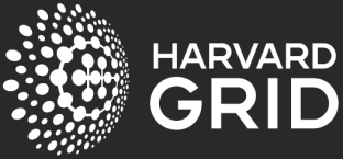 A series of white bubbles in a loose circle shape make up the Harvard Grid logo paired with white &quot;Harvard Grid&quot; text on the right. The logo is against a dark gray background.