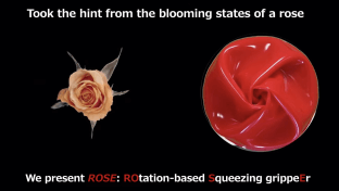 A peach-colored rose alongside a red soft robotic gripper folded to mimic the layout of the rose's petals