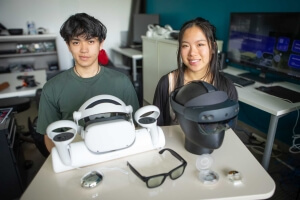Harvard SEAS students AnhPhu Nguyen and Alice Cai with augmented reality headsets and smart glasses