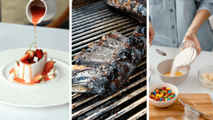 sauce being poured onto a dessert, ribs on a BBQ grill, and sugar being poured into a bowl